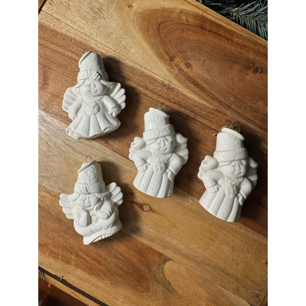 Ceramic Angel Ornaments Set of 4 OS White Glossy Glazed Figural Christmas Decor